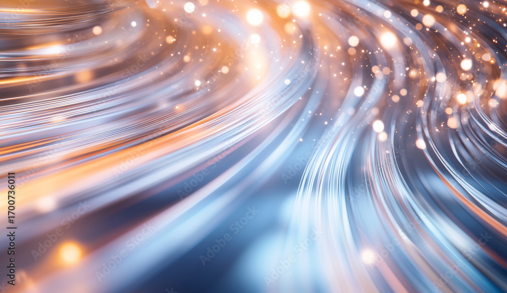 Wall mural abstract background with flowing light trails and bokeh effects in blue and orange tones rendering 3