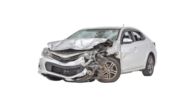 very dameged car after accident, isolated on white background png transparent