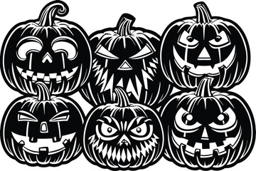 Collection of Halloween pumpkins with carved faces and silhouettes. Scary and funny faces of a Halloween pumpkin. Vector illustration
