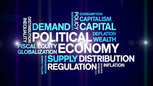 Political Economy animated word cloud-text design animation tag kinetic typography seamless loop.