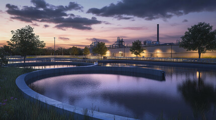 Fototapeta premium Wastewater treatment plant illuminated at twilight Generative AI