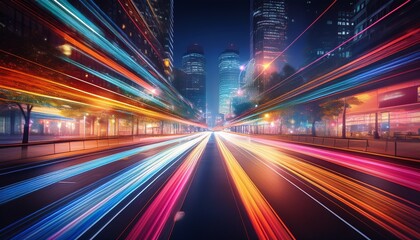 Obraz premium motion blurred traffic lights on city streets at night time with city lights generative ai