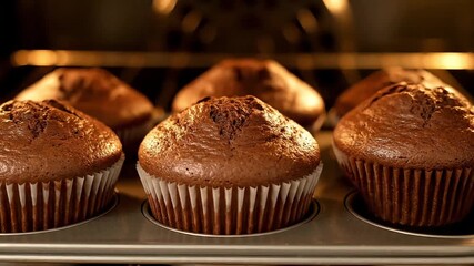 Warm chocolate muffins baking in a home oven, ready to be enjoyed.