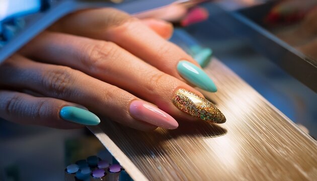 elegant nail art showcase beauty salon photography indoor close up glamourous aesthetic