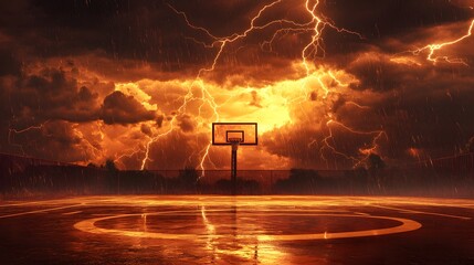Basketball court with lightning storm and heavy rain dramatic dark clouds photo