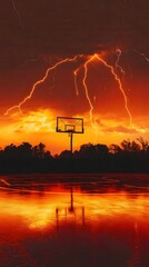 Basketball Hoop Under a Fiery Sunset with Lightning Strikes court photo
