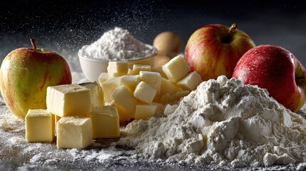 A pie-making setup: apples, lard, butter, flour, and sugar cubes on floured surface