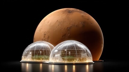 Obraz premium Futuristic habitat domes on Mars with a detailed planet backdrop, representing potential space colonization, Ideal for articles, presentations, or designs focused on space exploration and innovation,