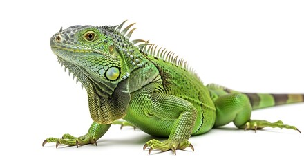 Detailed portrait of a vibrant green iguana against a stark white background showcasing its