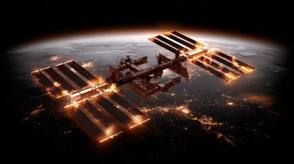 Obraz premium A stunning view of a space station orbiting Earth, illuminated with bright solar panels against a backdrop of the planet and twinkling city lights, Ideal for articles on space exploration, technology