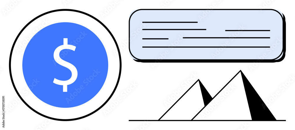 Poster blue dollar sign in a circle, rectangular text box with lines, and triangular pyramids. ideal for fi