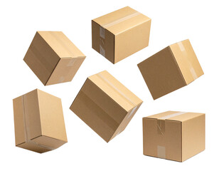 Closed and taped cardboard parcel boxes falling on transparent background with shadow