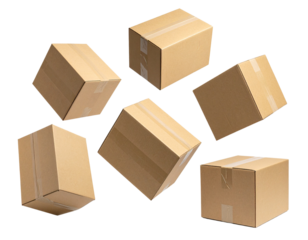 Closed and taped cardboard parcel boxes falling on transparent background with shadow