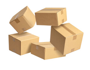 Fototapeta premium Closed and taped cardboard parcel boxes falling on transparent background with shadow 
