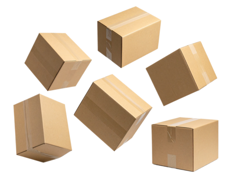 Closed and taped cardboard parcel boxes falling on transparent background with shadow