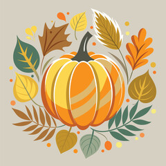 Autumn pumpkin surrounded by stylized leaves on a neutral background