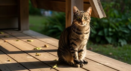 A tabby cat sitting on a wooden porch in the sunlight.