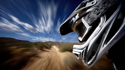 A dynamic shot of a motocross helmet in motion, highlighting speed and adrenaline, Perfect for sports articles, magazines, or promotional material related to extreme sports or motorbiking,