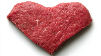 A heart-shaped piece of raw meat on a white background, symbolizing love and culinary passion, Ideal for food blogs, recipes, Valentine's Day promotions