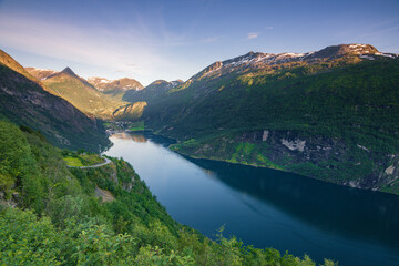 Beautiful view of Geraingerfjord from Ornesvingen viewpoint (Norway)