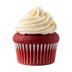 Delicious red velvet cupcake with swirled frosting isolated on transparent background