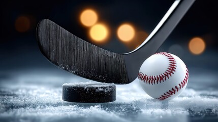 A close-up of a hockey stick poised above a puck on ice, with a baseball nearby, This image is perfect for sports-related content, promotions, or articles highlighting diverse athletic activities,