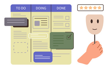Task board with to-do, doing, done columns, cards, hand holding smiling mask, five-star rating. Ideal for project management, productivity, satisfaction teamwork organization evaluation planning © robu_s