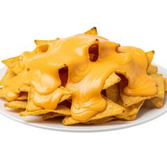 Pile of nacho chips covered in melted cheese isolated on transparent background