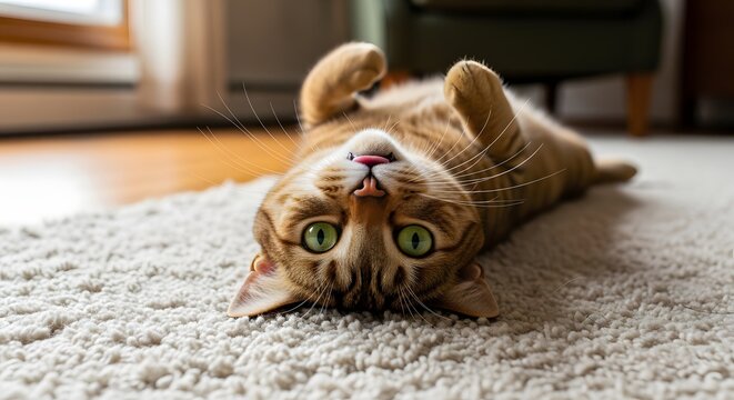 Ginger tabby cat lying on its back on a beige carpet, looking directly at the camera.