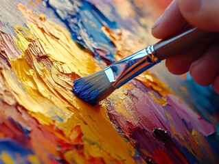 Fototapeta premium Person is painting a colorful scene with a brush