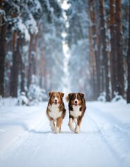 Two dogs running in a snowy forest