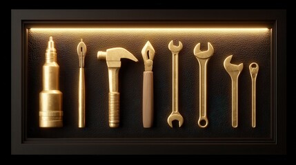 A collection of gold-colored tools arranged on a dark background with warm lighting, perfect for concepts related to craftsmanship, quality, and premium services in construction, repairs