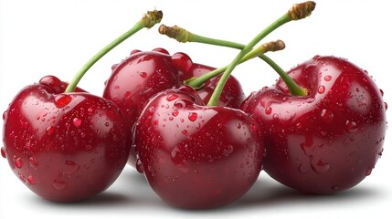 Fresh, juicy cherries with water droplets glistening on their surface, perfect for food styling, healthy eating campaigns, or as a vibrant addition to any culinary-themed design project,