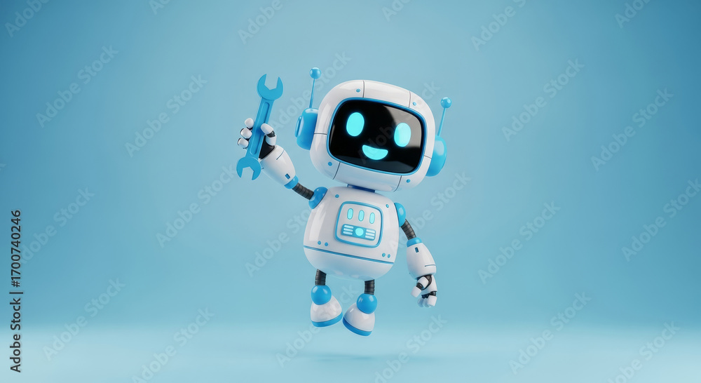 Poster friendly robot with wrench offering technical support and automation solutions on a clean blue backg