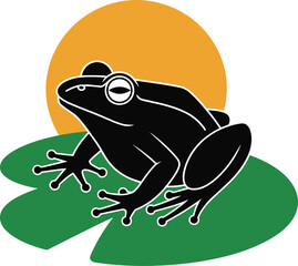 Black silhouette frog sitting on green lily pad with orange sun background, nature wildlife illustration, minimalist amphibian design, peaceful pond scene vector art