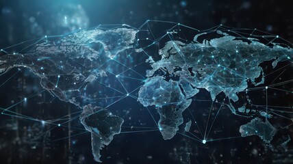 Global network visualization with digital world map and glowing connections