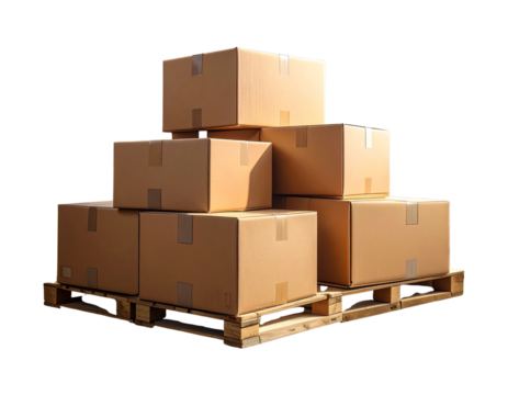Pile of brown cardboard boxes arranged on wooden pallet  