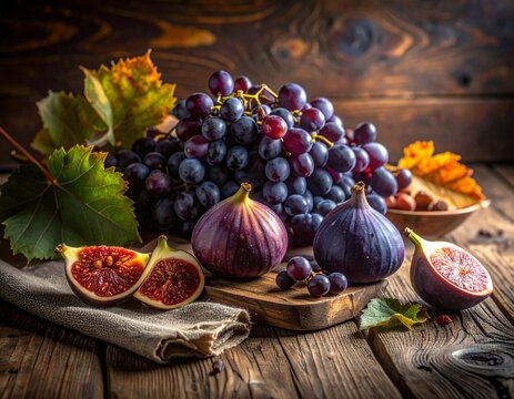 Fruit still life with fresh grapes and figs on a rustic wooden table. An autumnal harvest scene with warm, dramatic lighting.