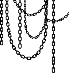 Dramatic black chains hanging against a stark white background, ideal for impactful design, themes of power, freedom, and security