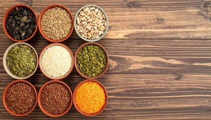 Grains assortment of cereals seeds and legumes in bowls on wood.