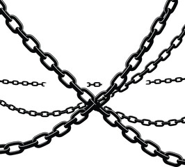 Intersecting black chains against a stark white background, symbolizing strength, connection, and security for diverse commercial applications