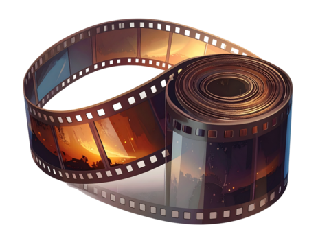 Roll of retro film strip on isolated transparent background. Photographic film in ret