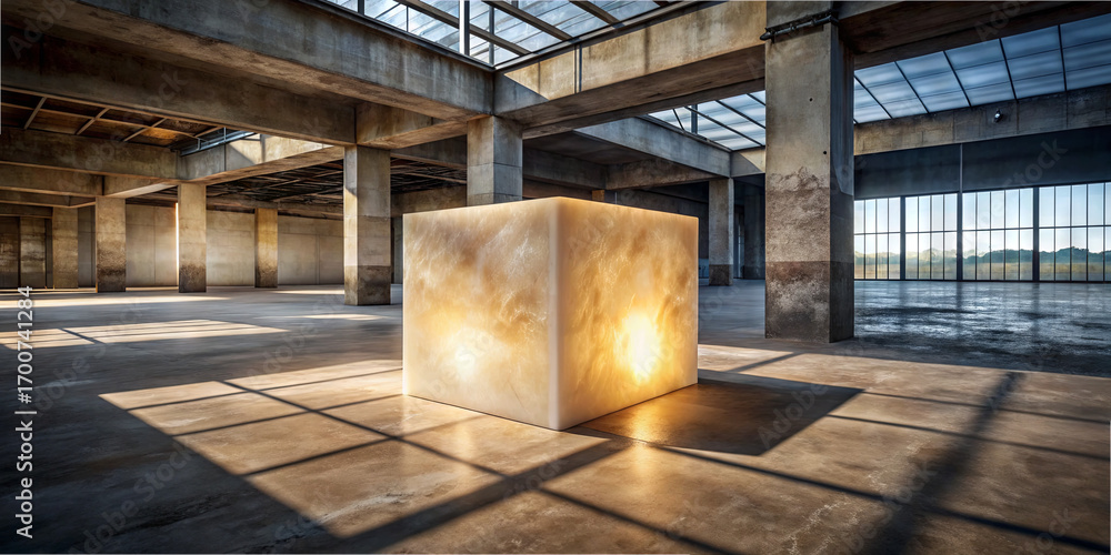 Poster a large, illuminated cube made of translucent material sits in the center of a spacious industrial b
