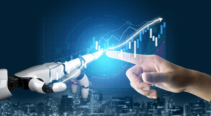 A striking image illustrating the synergy between human and robotic hands, representing the merging of technology and business in a digital age focused on growth and innovation. Impute