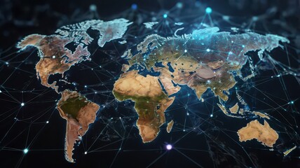 Detailed world map with digital network connections, representing global connectivity