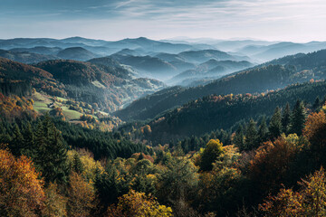 Majestic autumnal mountain landscape rolling hills and valleys covered in colorful forests misty atmosphere