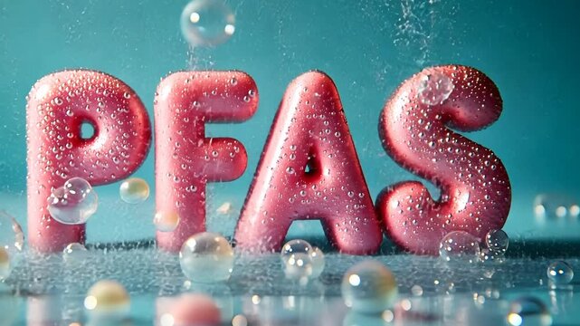 Pink PFAS letters with bubbles and drops symbolize water contamination and environmental pollution.