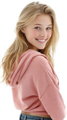 Young woman with long blonde hair smiling happily while wearing a casual pink hoodie, showcasing a joyful and friendly expression in a natural pose.
