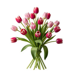 Obraz premium A lovely bunch of pink and red tulips tied together with green leaves isolated on transparent background the tulips are a mix of light pink and dark pink, and the leaves are a vibrant green