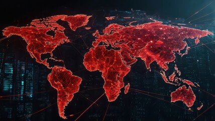 Red world map with glowing connections representing global threat or outbreak